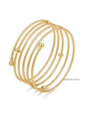 18K Gold Plated Multi Layer Wire Cuff Bracelet Adjustable Twisted Cable Open